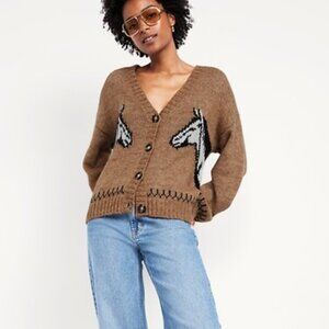 Old Navy Women's Viral Brown Cardigan with Horse Pattern size M